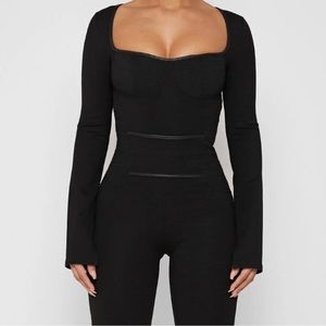 Maniere De Voir Black Jumpsuit RUCHED DETAIL BODYCON PLAYSUIT